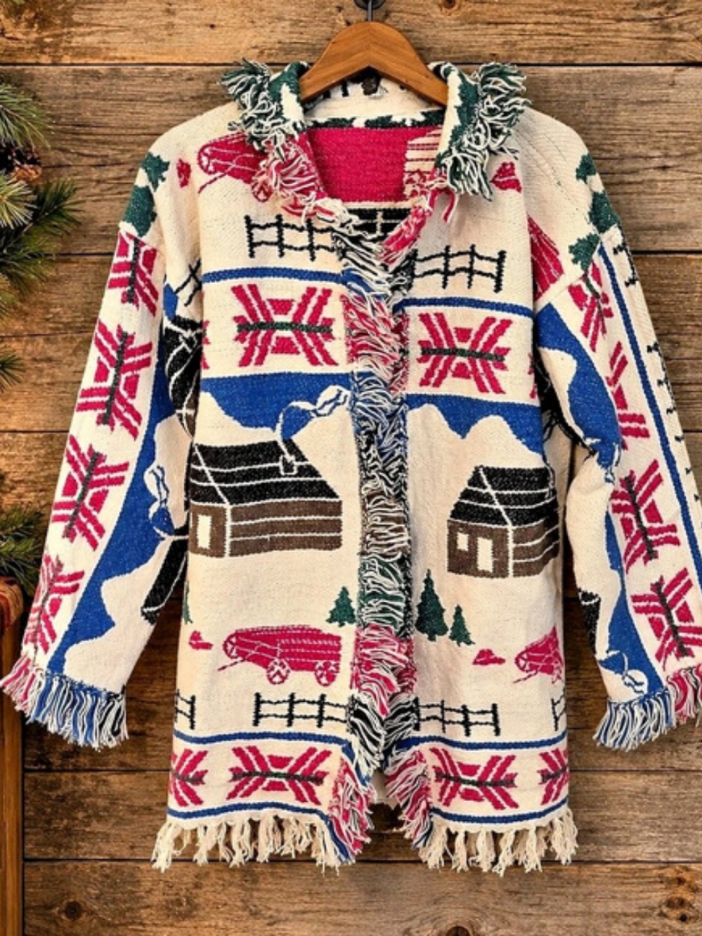 Women's Geometric Fringe Cardigan in Cream & Pink